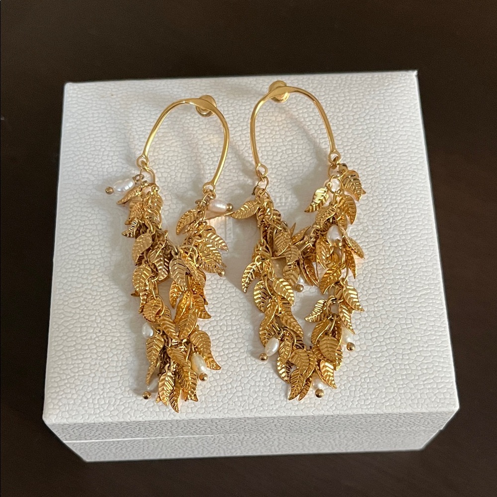 Gold & Pearl Leaf Dangle Earrings